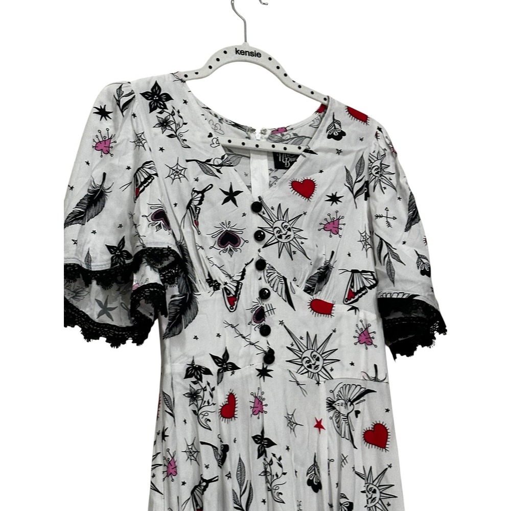 Hell Bunny Avery Dress White Tattoo Print Lace Trim Flutter Sleeve Midi Small - Picture 11 of 12